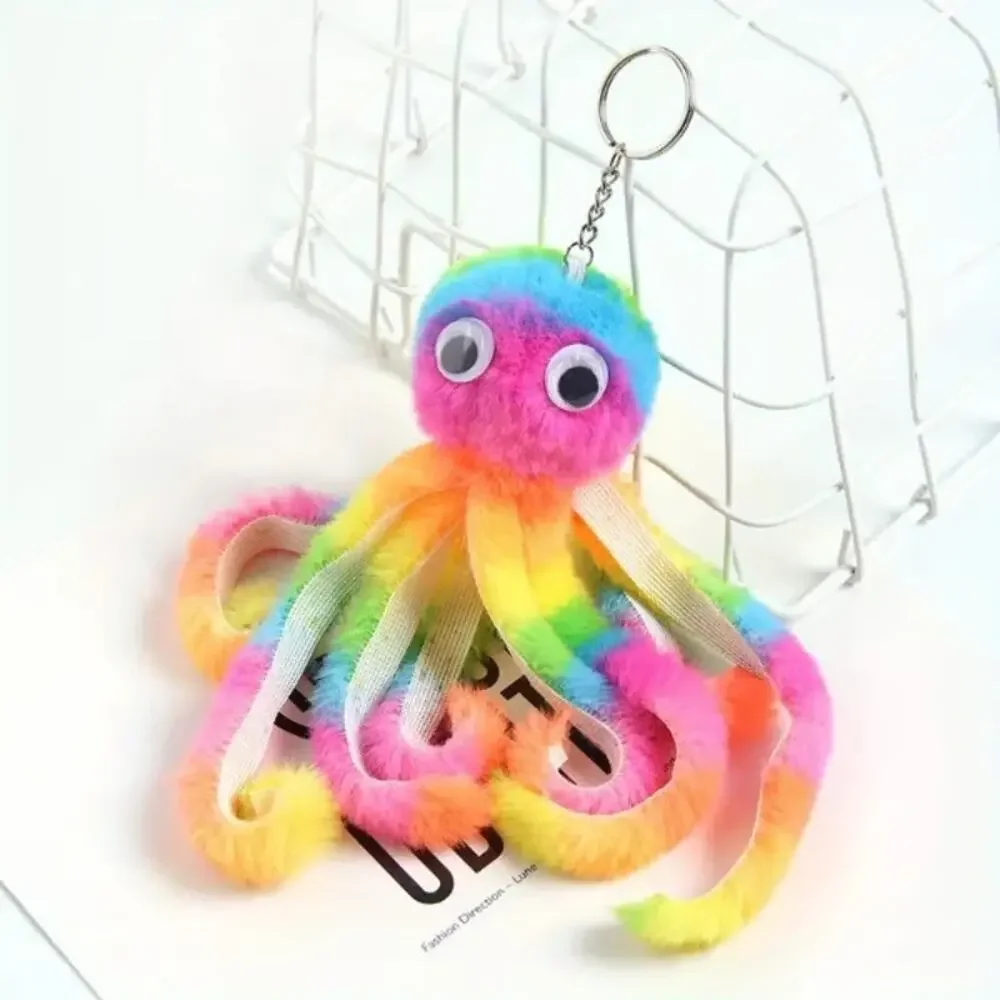Cute and Colorful Fuzzy Rainbow Octopus Keychain